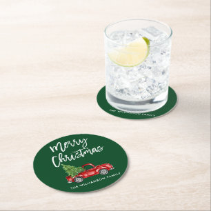 Dessous-de-verre Rond En Papier Script de brosse Vintage Camion Noël Arbre vert