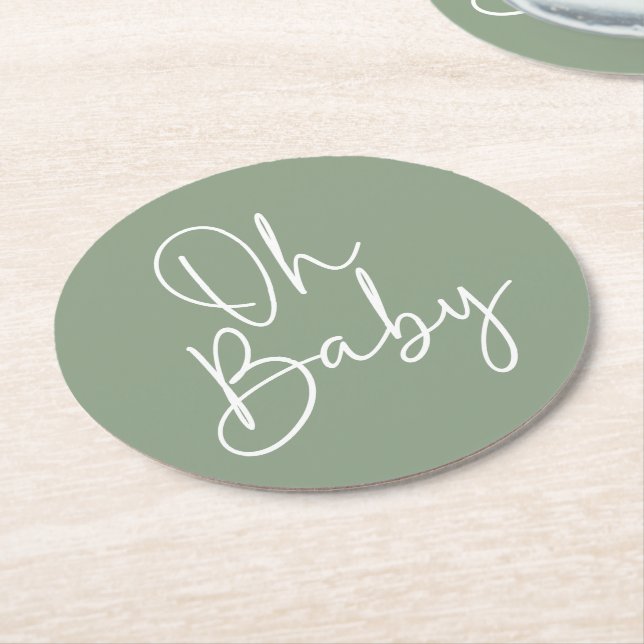 Dessous-de-verre Rond En Papier Script moderne Sage Oh Baby Baby shower simple (Incliné)