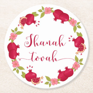 Dessous-de-verre Rond En Papier Shanah Tovah Nouvelle année Fleur de grenade Wreat