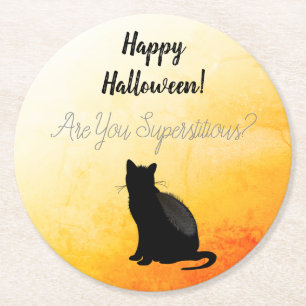 Dessous-de-verre Rond En Papier Silhouette de chat noir Halloween