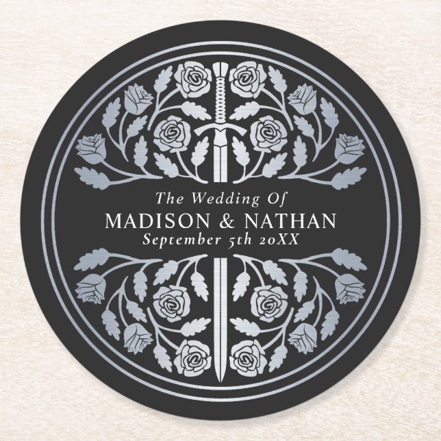 Dessous-de-verre Rond En Papier Silver Black Royal Medieval Sword Wedding (Devant)