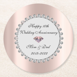 Dessous-de-verre Rond En Papier Silver Diamonds Rose Gold 10e anniversaire Mariage