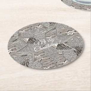 Dessous-de-verre Rond En Papier Silver Grey Star Joyeux Noël ou votre texte