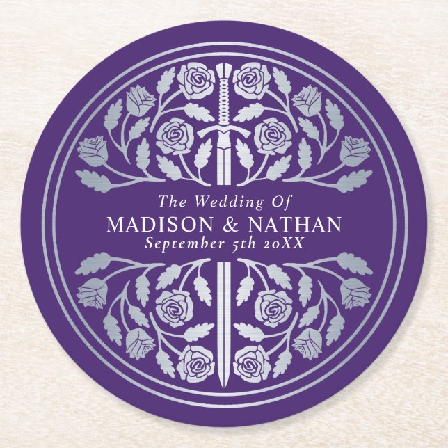 Dessous-de-verre Rond En Papier Silver Purple Royal Medieval Sword Wedding (Devant)