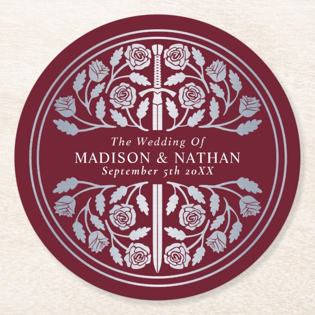 Dessous-de-verre Rond En Papier Silver Red Royal Medieval Sword Wedding (Devant)