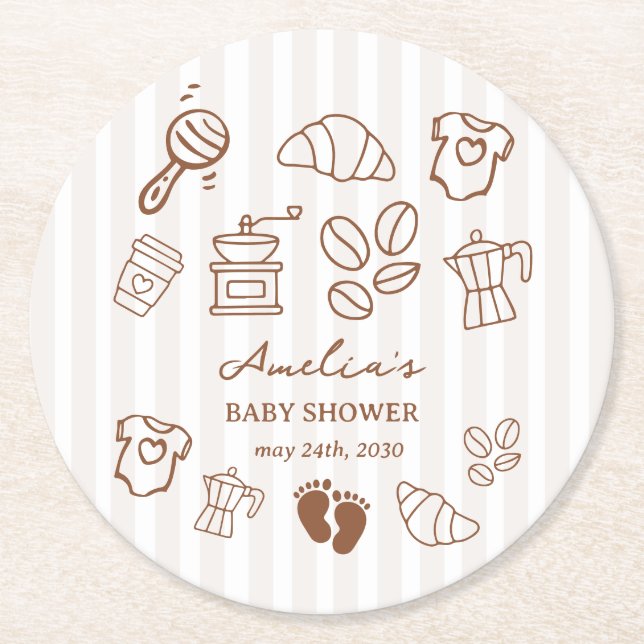 Dessous-de-verre Rond En Papier Simple Baby Is Brewing Doodle Coffee Baby Shower (Devant)