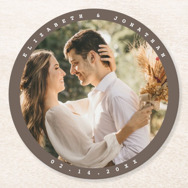 Dessous-de-verre Rond En Papier Simple Elegant Beige Brown Neutre Mariage Photo (Devant)