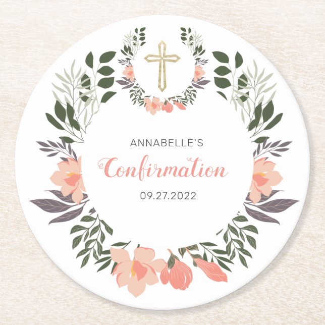 Dessous-de-verre Rond En Papier Simple fête de confirmation florale  (Devant)