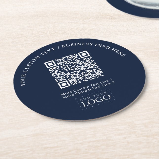 Dessous-de-verre Rond En Papier Simple Navy Blue Business Logo QR Code Promotionne (Incliné)