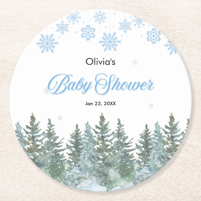 Dessous-de-verre Rond En Papier Snowflakes Pine Trees Winter Baby Shower  (Devant)