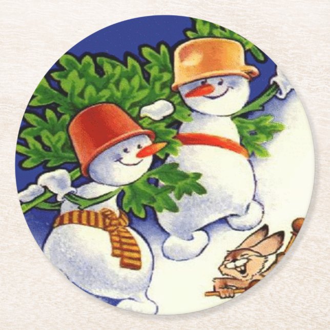 Dessous-de-verre Rond En Papier Snowmen Arbre de Noël Drumbit Rabbit (Devant)