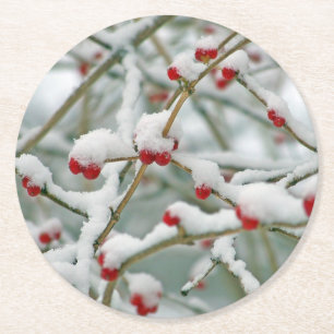 Dessous-de-verre Rond En Papier Snowy Red Berries scène d'hiver