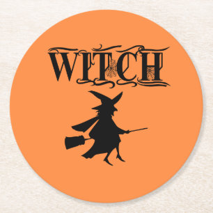 Dessous-de-verre Rond En Papier Sorcière volante méchante orange Halloween
