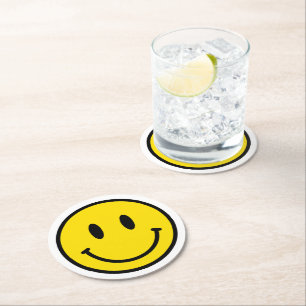 Dessous-de-verre Rond En Papier Souriez Happy Face Emoji Jaune Noir Blanc Rétro