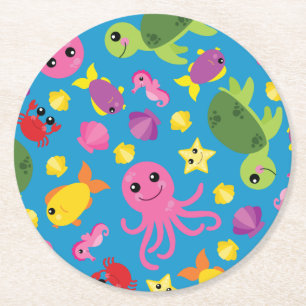 Dessous-de-verre Rond En Papier Sous la fête d'anniversaire du poisson de mer