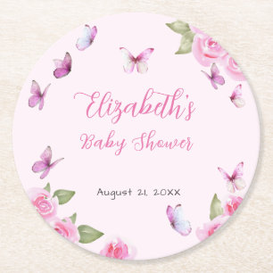 Dessous-de-verre Rond En Papier Sous-tasse pour Baby Shower Papillon Rose Joli