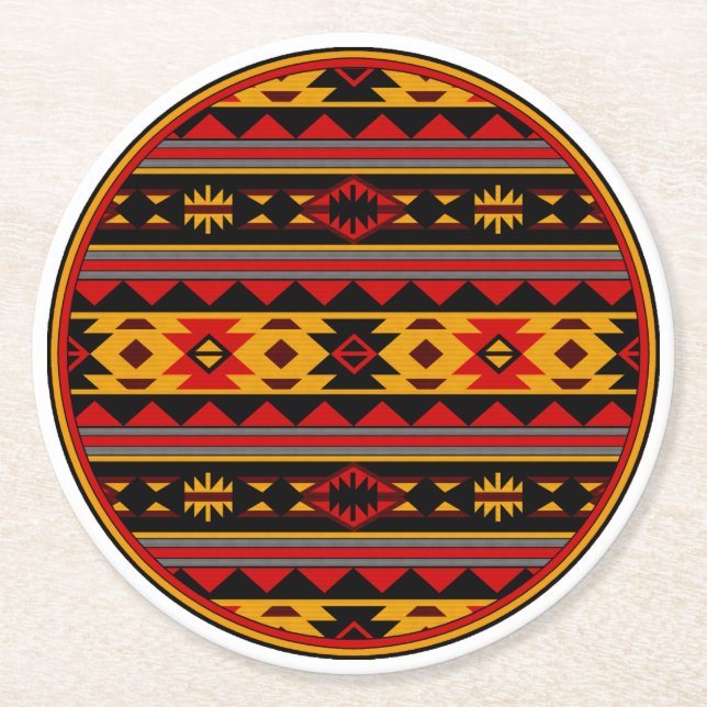 Dessous-de-verre Rond En Papier Southwest Design Red Black Gold Tribal Motif (Devant)