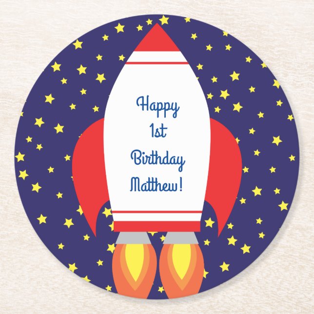 Dessous-de-verre Rond En Papier Space Rocket Ship Anniversaire (Devant)
