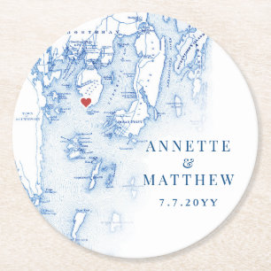 Dessous-de-verre Rond En Papier Spruce Point Maine Carte Élégant Bleu Mariage Favo