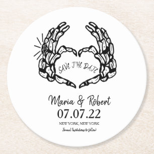 Dessous-de-verre Rond En Papier Squelette Noir Mariage Coeur Mains Cercles Doodle 