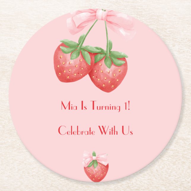 DESSOUS-DE-VERRE ROND EN PAPIER STRAWBERRIES PINK BOW BIRTHDAY  (Devant)