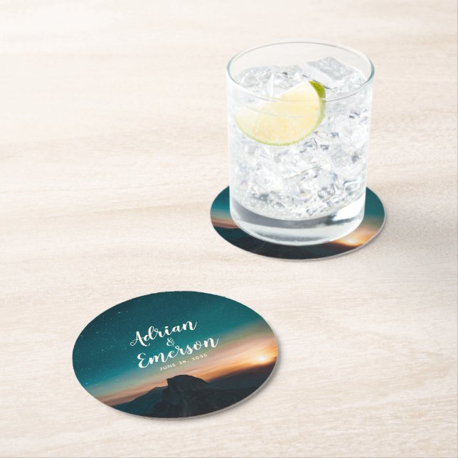 Dessous-de-verre Rond En Papier Stress Night Sky Mountain & Sunset Mariage Moderne (En situation)