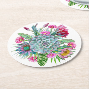 Dessous-de-verre Rond En Papier Succulents Echeveria Cactus Fleurs