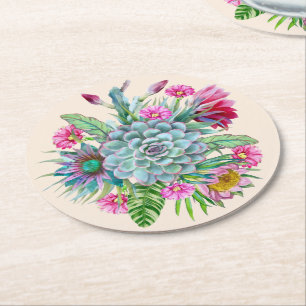 Dessous-de-verre Rond En Papier Succulents Echeveria Cactus Fleurs