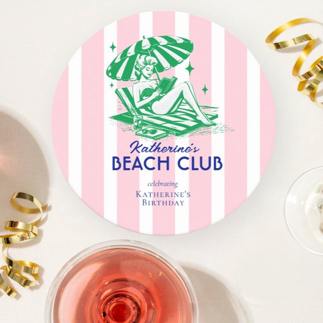 Dessous-de-verre Rond En Papier Summer Beach Club Pink Stripes Birthday Party (Créateur téléchargé)