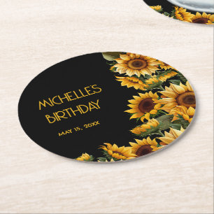 Dessous-de-verre Rond En Papier Sunflower Black Rustic Nom élégant Anniversaire