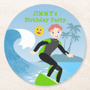 Dessous-de-verre Rond En Papier Surf garçon fête d'anniversaire