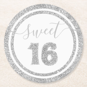 Dessous-de-verre Rond En Papier Sweet 16 Argent Faux Parties scintillant Bande Ann