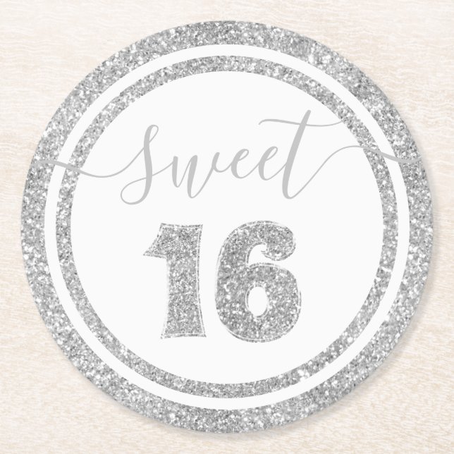 Dessous-de-verre Rond En Papier Sweet 16 Argent Faux Parties scintillant Bande Ann (Devant)