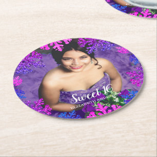 Dessous-de-verre Rond En Papier Sweet 16 Flocon de neige hivernal Anniversaire