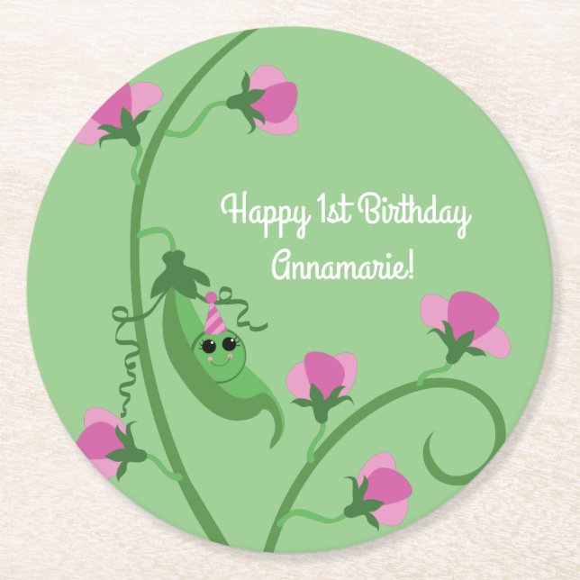 Dessous-de-verre Rond En Papier Sweet Pea Cute 1er Anniversaire (Devant)