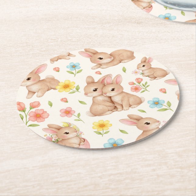 Dessous-de-verre Rond En Papier Sweet Spring Bunnies & Floral Garden Pattern (Incliné)