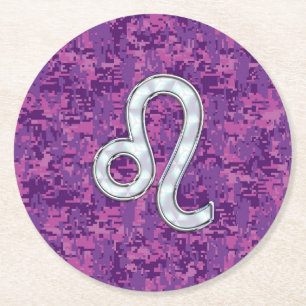 Dessous-de-verre Rond En Papier Symbole Leo Zodiac sur Camo numérique Fuchsia rose