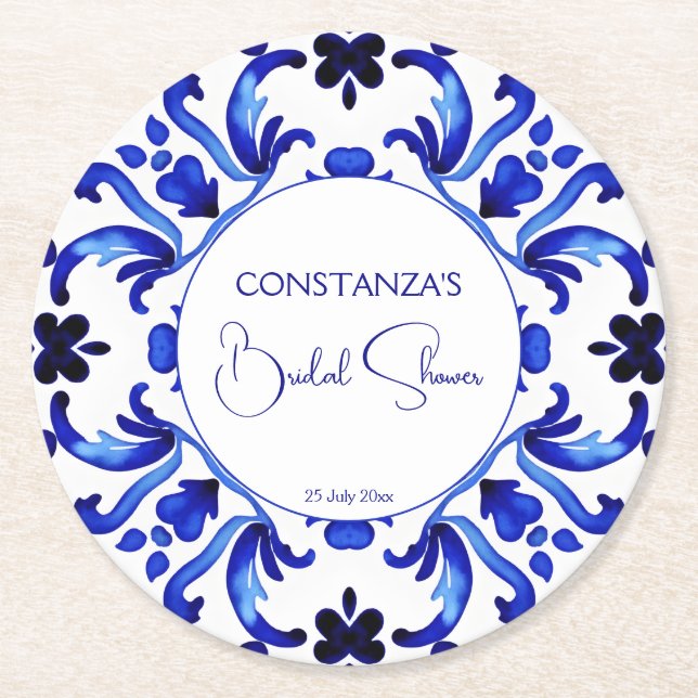 Dessous-de-verre Rond En Papier Talavera bleu tuiles Mexicaine douche nuptiale fav (Devant)