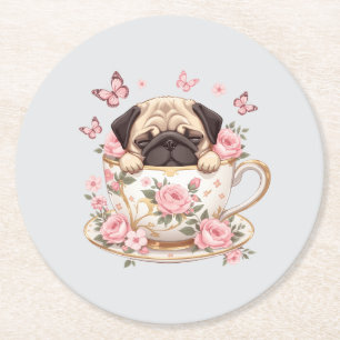 Dessous-de-verre Rond En Papier Tapis de verre Pug Blossom Dreams – Boisson mignon