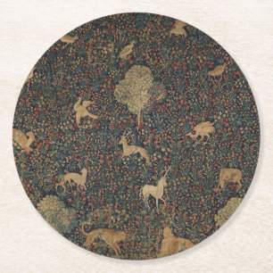 Dessous-de-verre Rond En Papier Tapisserie allegorique Millefleurs avec animaux
