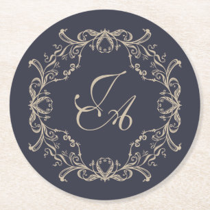 Dessous-de-verre Rond En Papier Tapisserie de mariage bleu marine baroque à monogr