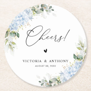 Dessous-de-verre Rond En Papier Tapisserie Fleurie Hydrangea Bleu Rond de Mariage
