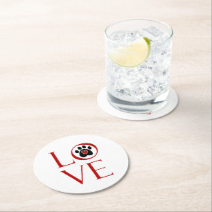 Dessous-de-verre Rond En Papier Tapisserie personnalisée Love Paw Print Rouge Coeu