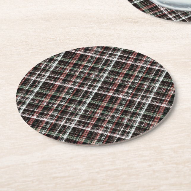 Dessous-de-verre Rond En Papier Tartan de Noël texturé. (Incliné)