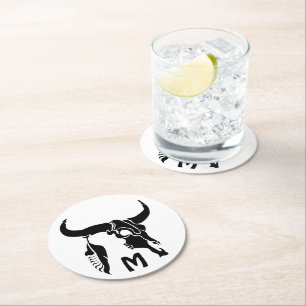 Dessous-de-verre Rond En Papier Taureau de Longhorn de la tribu avec la plume noir