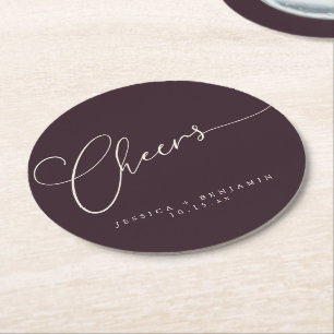 Dessous-de-verre Rond En Papier Tcheers Minimaliste Plum Script Mariage Sur Mesure