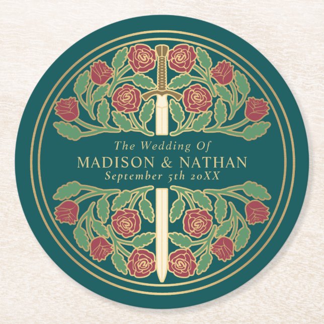 Dessous-de-verre Rond En Papier Teal Royal Medieval Gold Sword Wedding (Devant)
