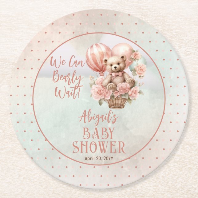 Dessous-de-verre Rond En Papier Teddy Bear Balloons Girl Bearly Wait Baby shower (Devant)