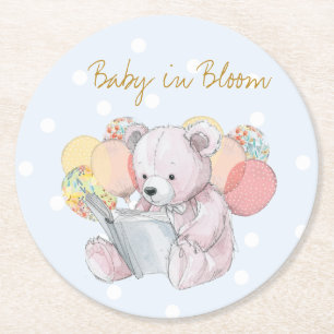 Dessous-de-verre Rond En Papier Teddy Bear lit un livre Baby in Bloom