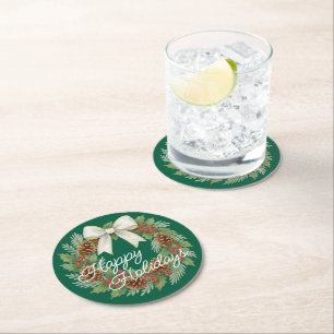 Dessous-de-verre Rond En Papier Terrain Décembre Classé Avec Vacances Bow Blanc